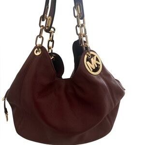 Michael Kors Fulton pebbled leather hobo slouchy shoulder bag gold tone hardware